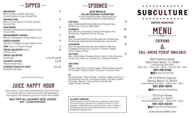 Subculture Coffee - West Palm Beach, FL menu_pic