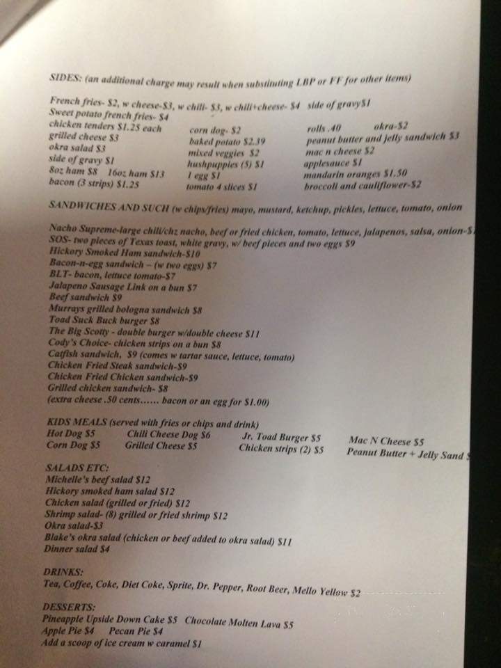 Toad Suck Bucks - Houston, AR menu_pic