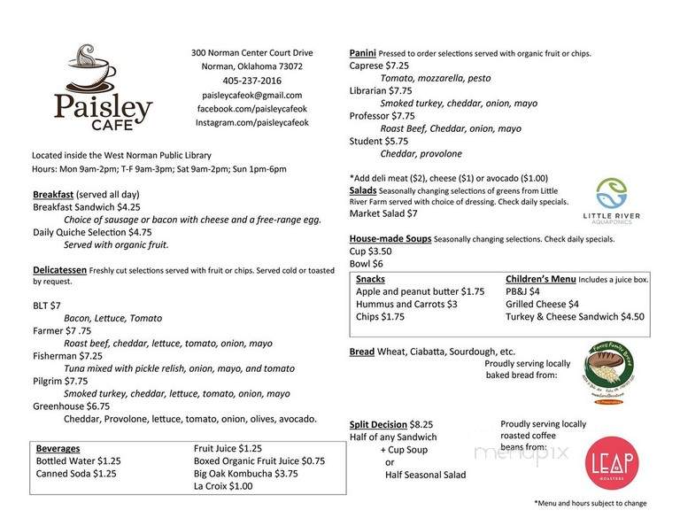 West Norman Public Library Cafe - Norman, OK menu_pic
