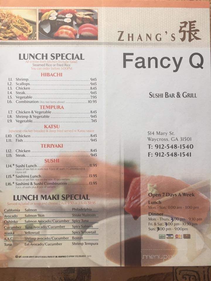 Menu of Zhang's Fancy Q Sushi Bar & Grill in Waycross, GA 31501