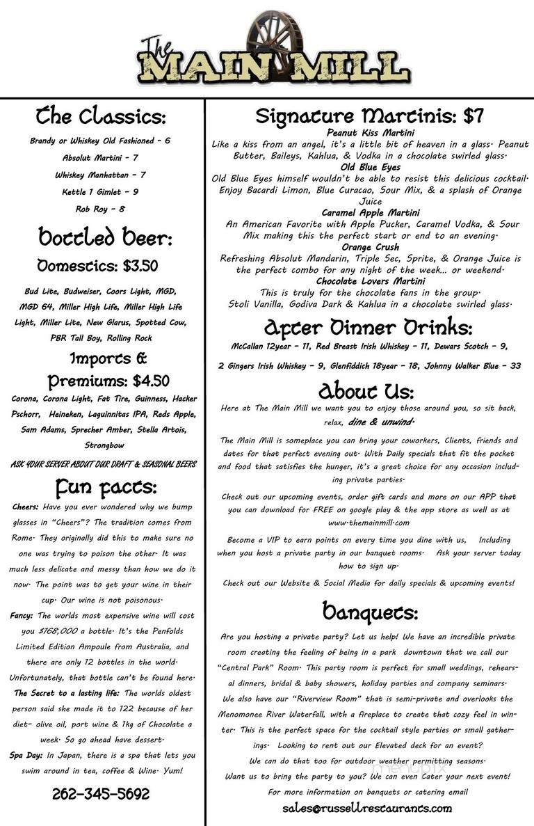 Main Mill - Menomonee Falls, WI menu_pic