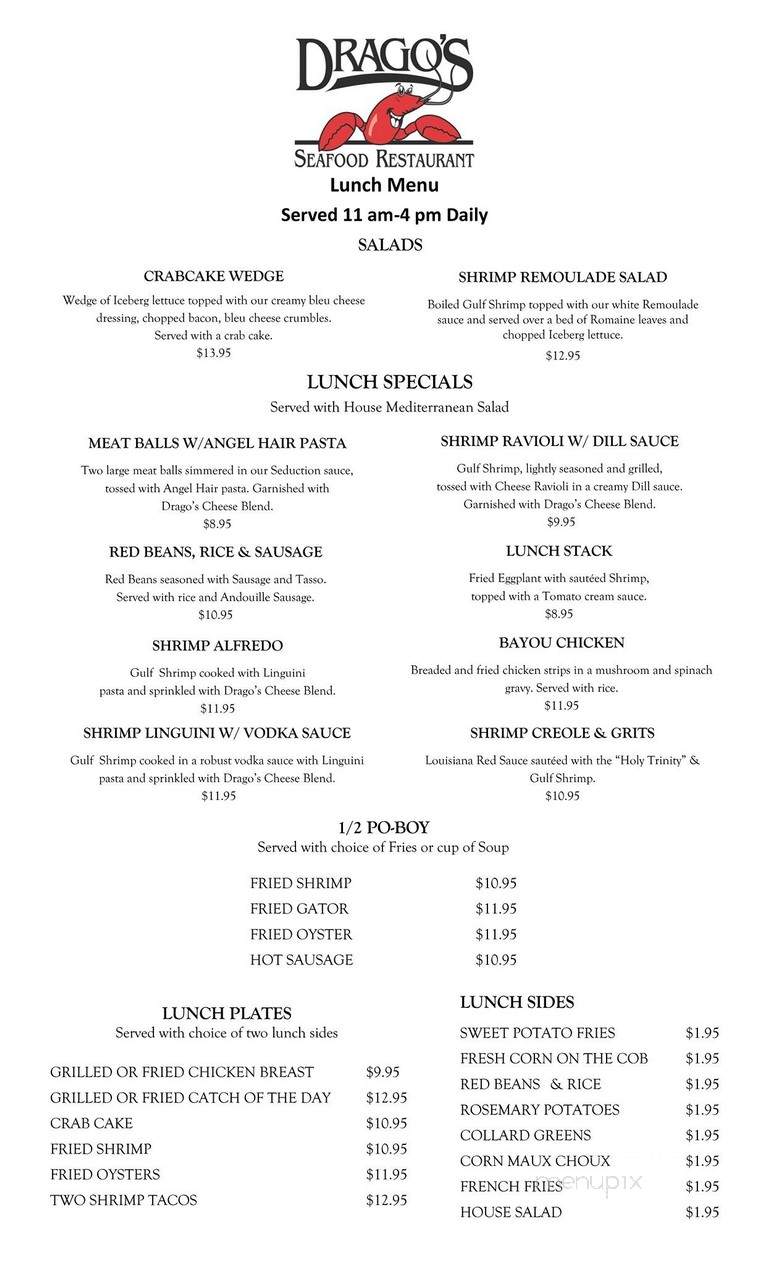 Menu of Drago's Seafood Restaurant in Jackson, MS 39211