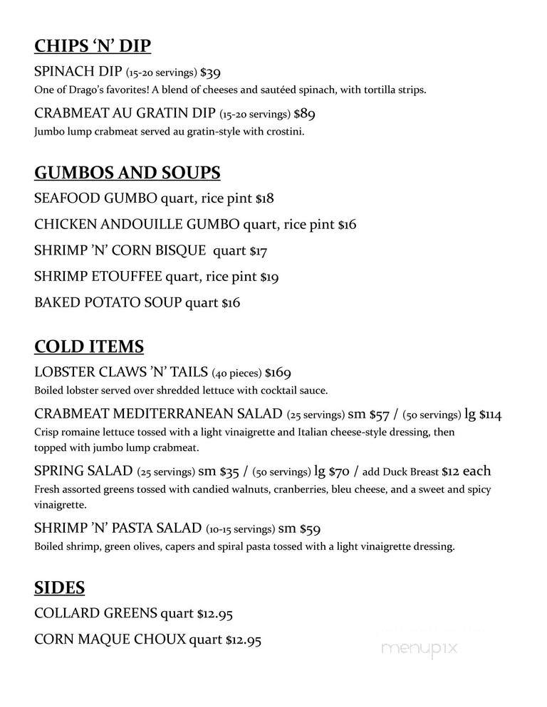 Menu of Drago's Seafood Restaurant in Jackson, MS 39211