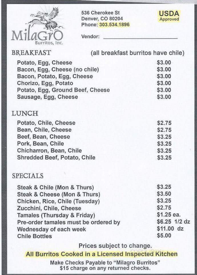 Milagos Burritos - Denver, CO menu_pic