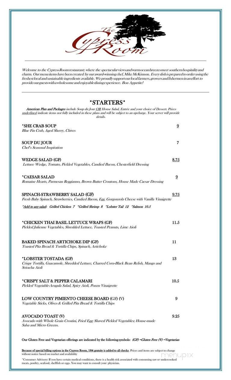 The Cypress Room - Myrtle Beach, SC menu_pic