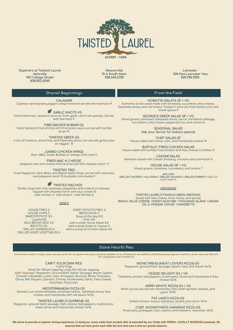 Twisted Laurel Eatery & Lounge - Weaverville, NC menu_pic