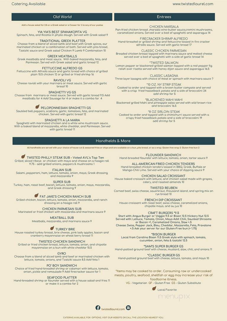 Twisted Laurel Eatery & Lounge - Weaverville, NC menu_pic