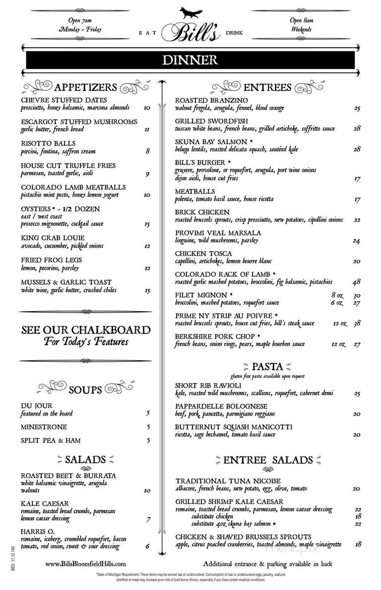 Bill's - Bloomfield Hills, MI menu_pic
