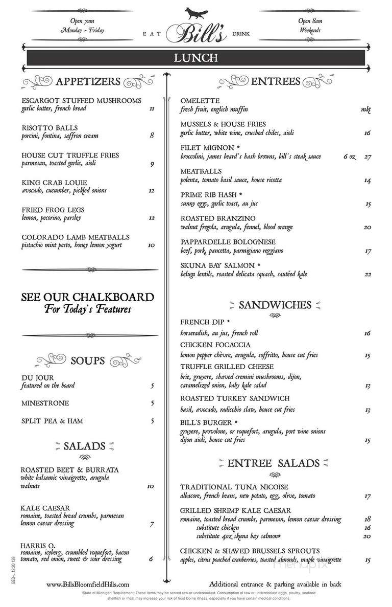 Bill's - Bloomfield Hills, MI menu_pic