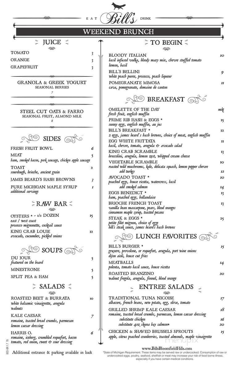 Bill's - Bloomfield Hills, MI menu_pic