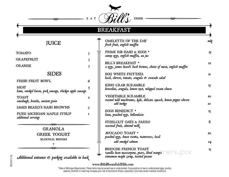 Bill's - Bloomfield Hills, MI menu_pic