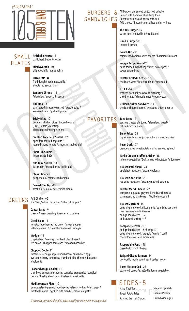 105-Ten Bar & Grill - Briarcliff Manor, NY menu_pic