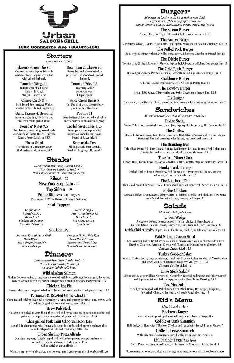 Urban Saloon & Grill - Troutdale, OR menu_pic