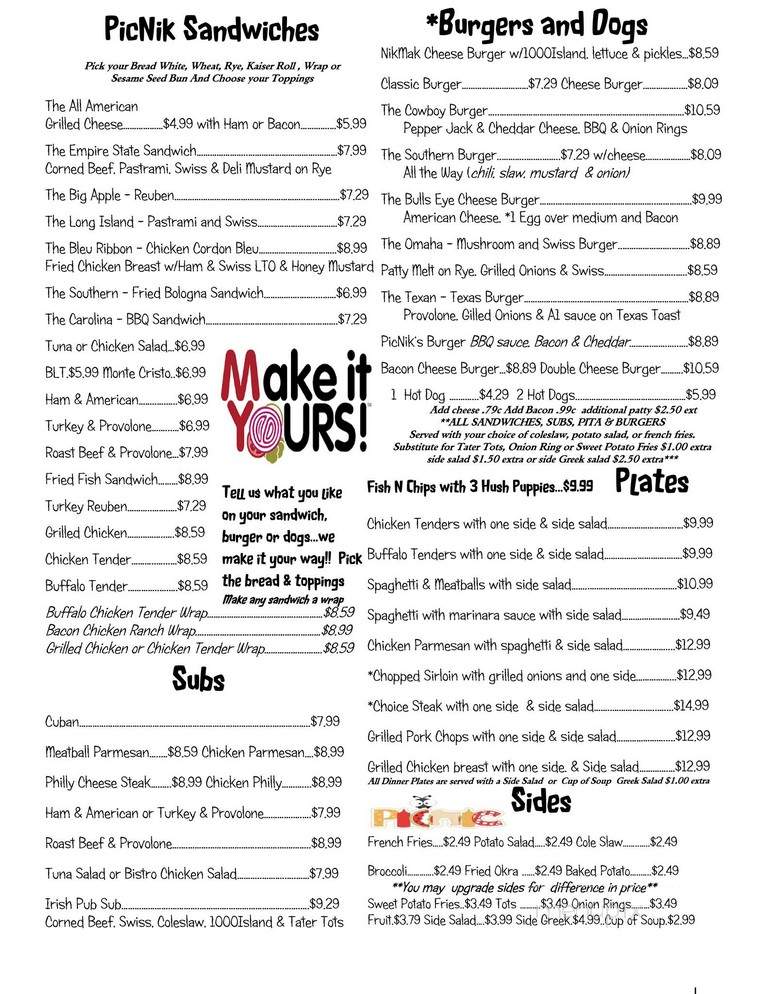 PicNik's - Mooresville, NC menu_pic