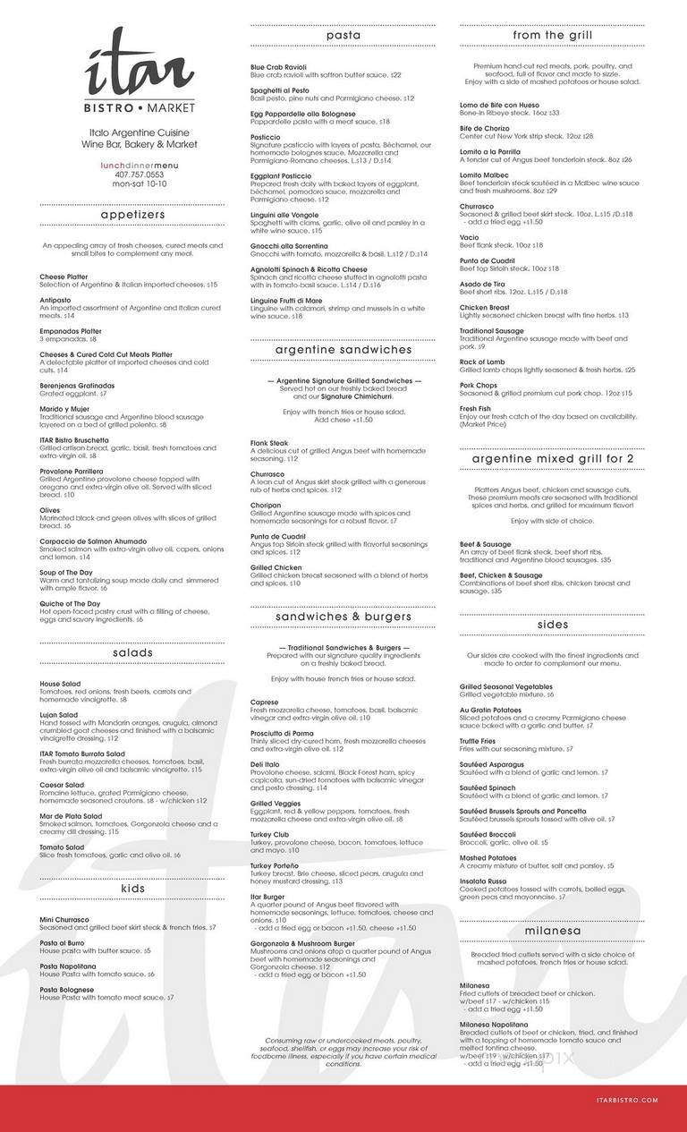 Itar Italian & Argentinian Bistro - Orlando, FL menu_pic