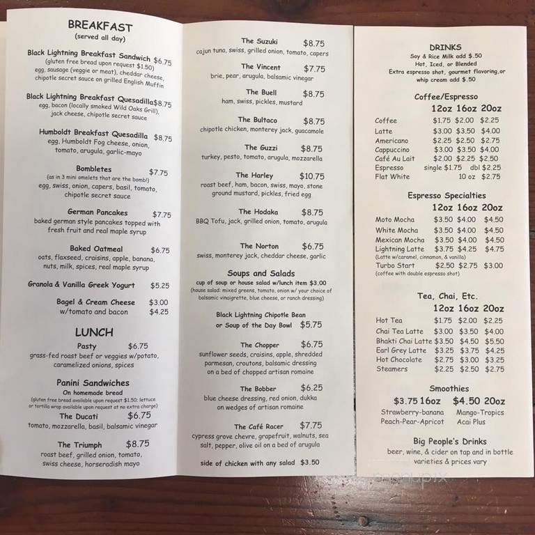 Black Lightning Motorcycle Cafe - Eureka, CA menu_pic