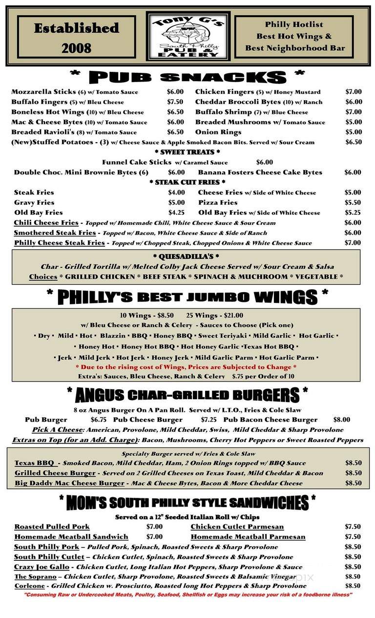 Tony G's South Philly Pub & Eatery - Norristown, PA menu_pic