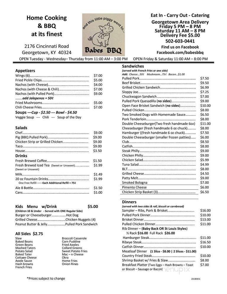Babe's BBQ - Georgetown, KY menu_pic