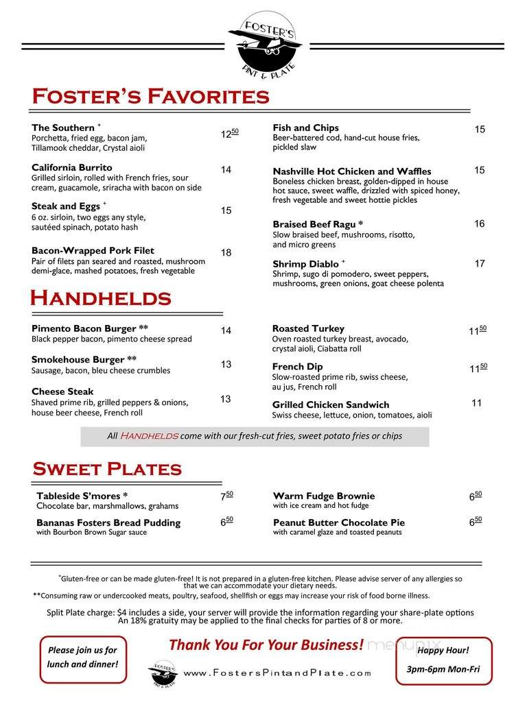 Foster's Pints & Plate - Rogers, AR menu_pic