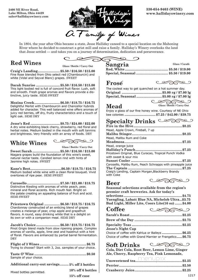 Halliday's Winery - Lake Milton, OH menu_pic