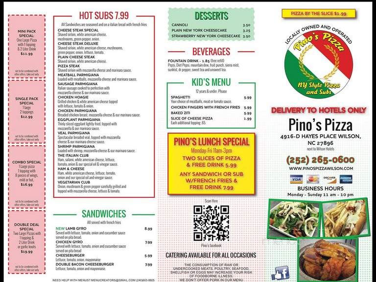 Pino's Pizza - Wilson, NC menu_pic