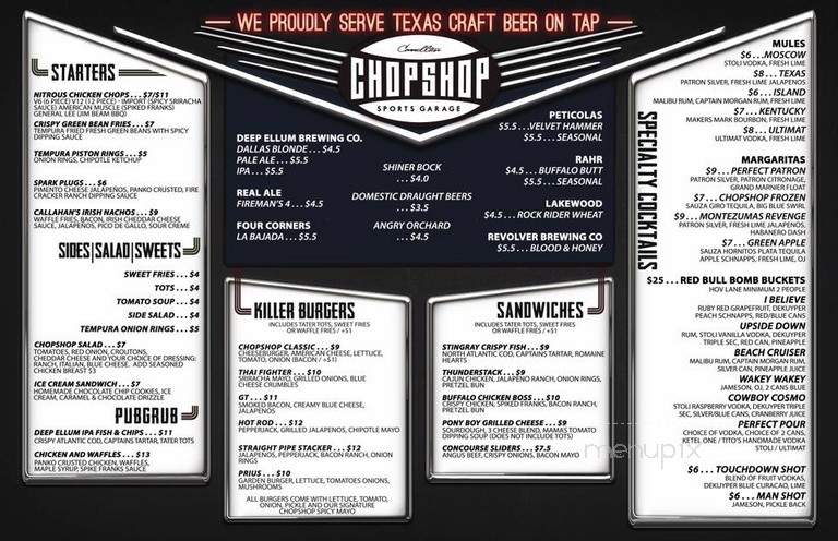 Chopshop Sports Garage - Carrollton, TX menu_pic