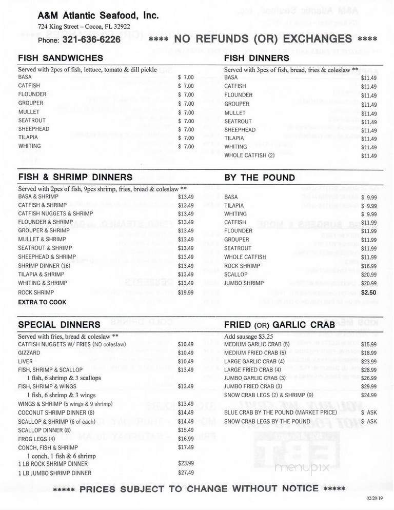 A & M Atlantic Seafood - Cocoa, FL menu_pic