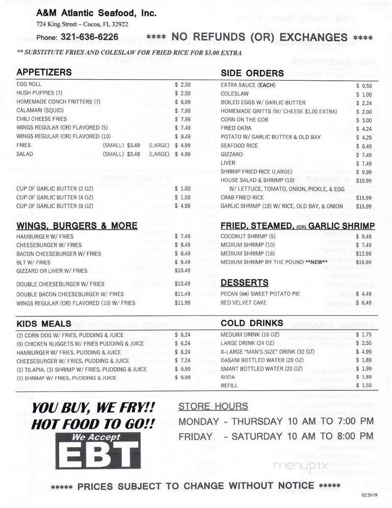 A & M Atlantic Seafood - Cocoa, FL menu_pic