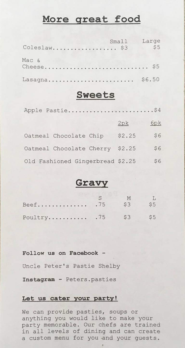 Uncle Peter's Pasties - Shelby Charter Township, MI menu_pic