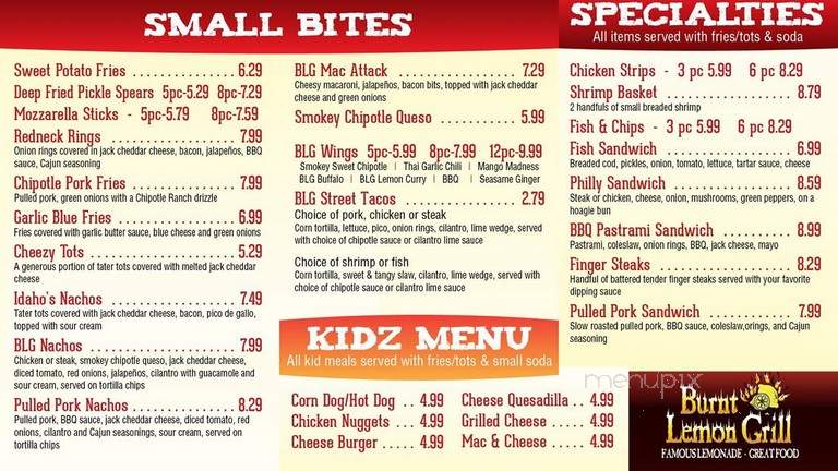 Burnt lemon shop grill menu