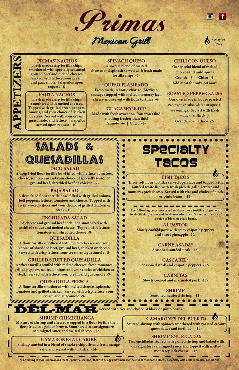 Primas Mexican Grill - Springfield, MO menu_pic