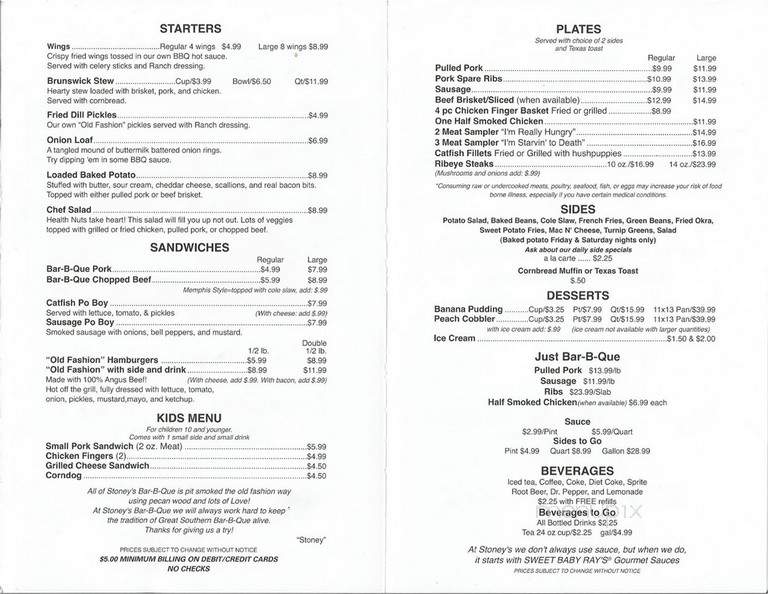 Stoney's BBQ - Saraland, AL menu_pic