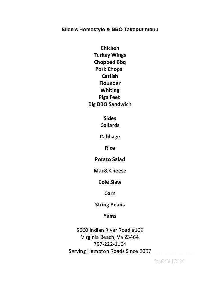 Ellen's Homestyle & BBQ Express #2 - Virginia Beach, VA menu_pic