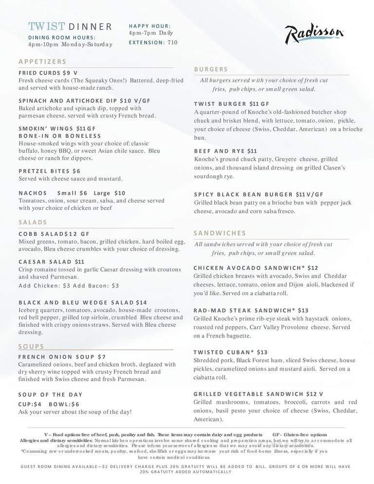 Twist Bar & Grill - Madison, WI menu_pic