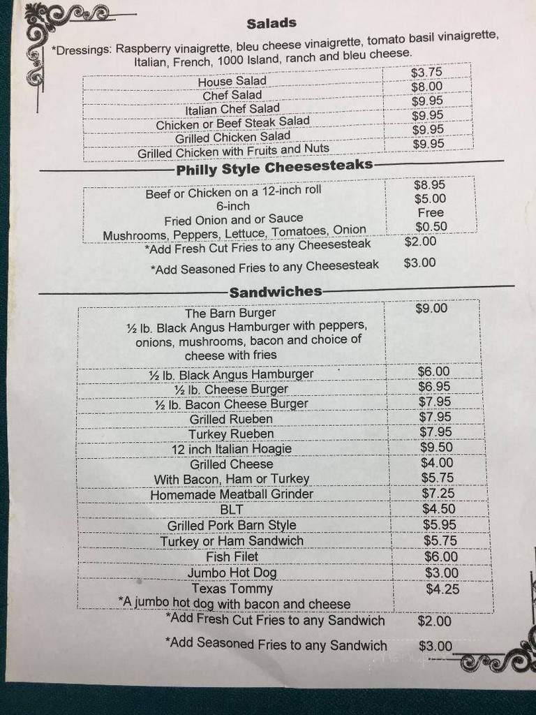 The Barn - Muncy Valley, PA menu_pic