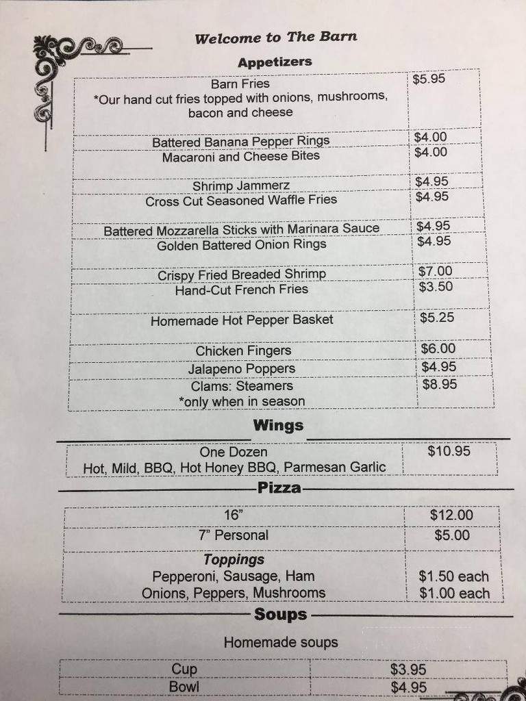 The Barn - Muncy Valley, PA menu_pic