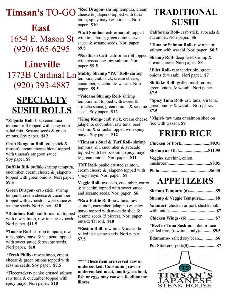 Timsan's Japanese Steak House - Green Bay, WI menu_pic