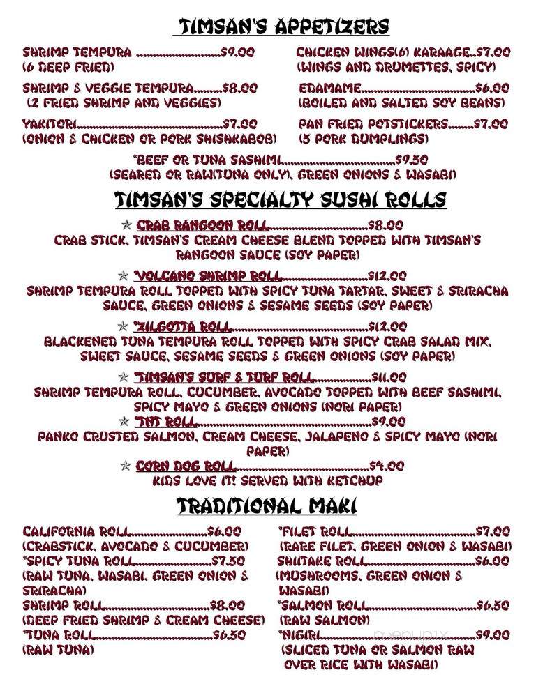 Timsan's Japanese Steak House - Green Bay, WI menu_pic