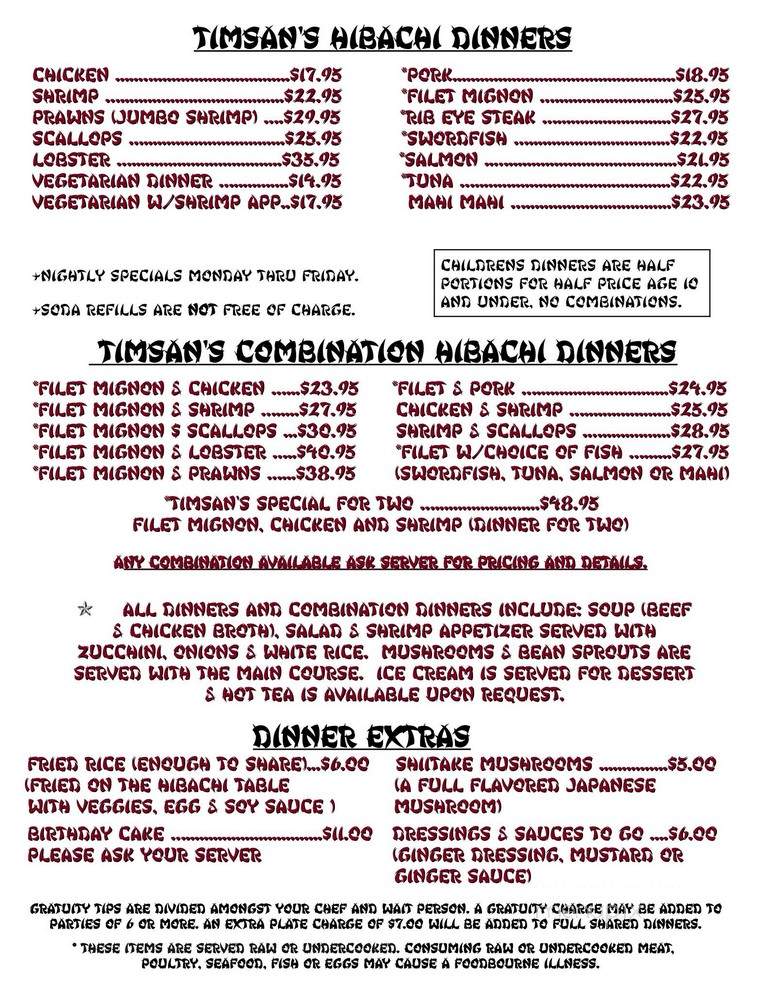 Timsan's Japanese Steak House - Green Bay, WI menu_pic