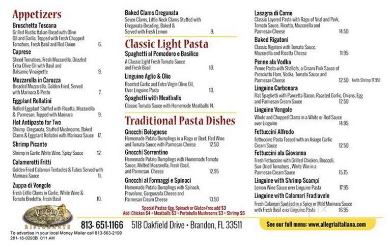 Allegria Italiana - Brandon, FL menu_pic