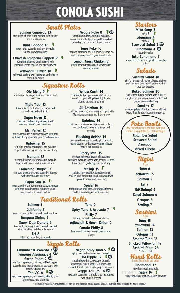Conola Grill & Sushi - Metairie, LA menu_pic