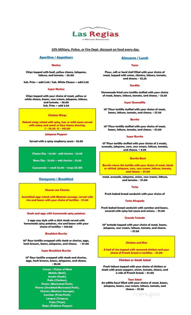 Las Regias - Moline, IL menu_pic