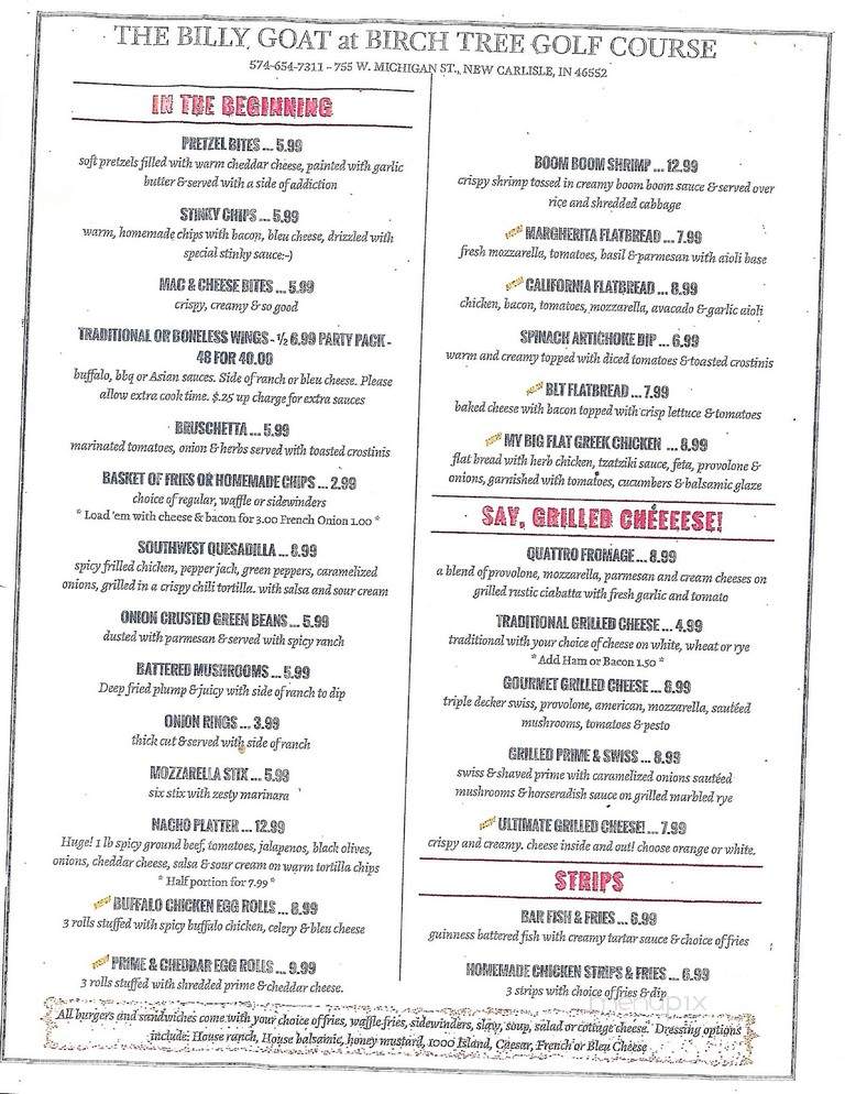 Billy Goat 9 & Dine - New Carlisle, IN menu_pic