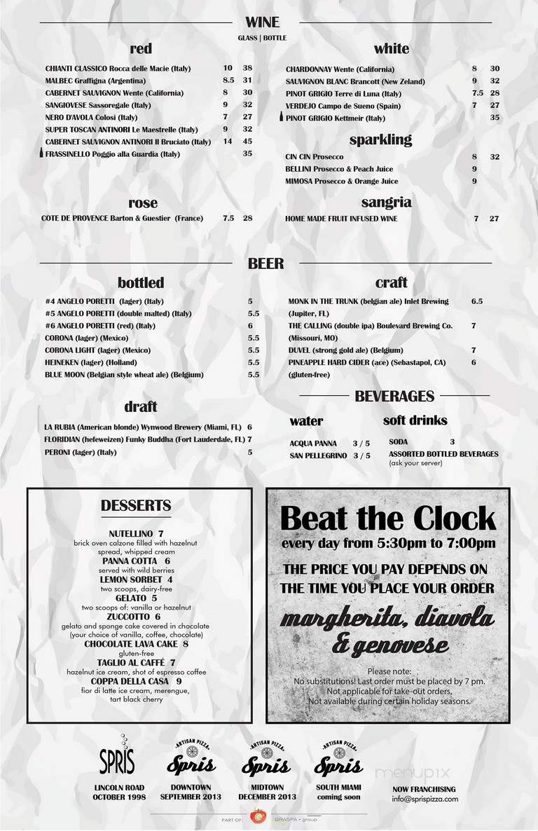 Spris Artisan Pizza - Miami, FL menu_pic