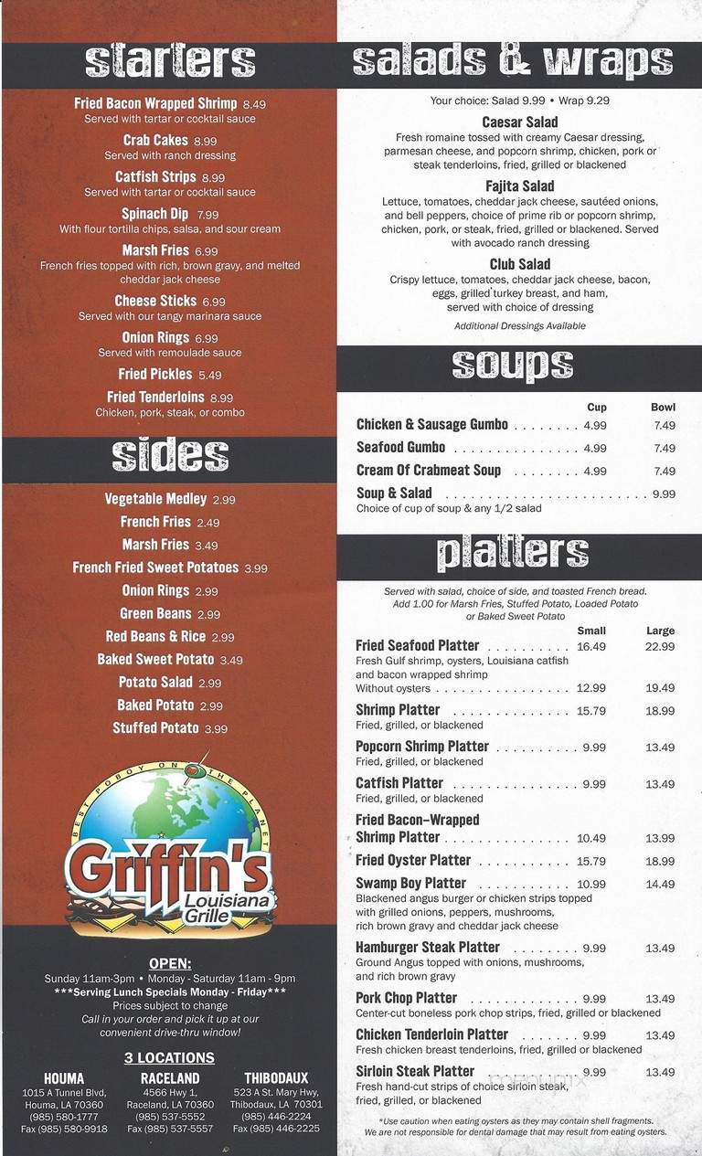 Griffin's Louisiana Grill - Thibodaux, LA menu_pic