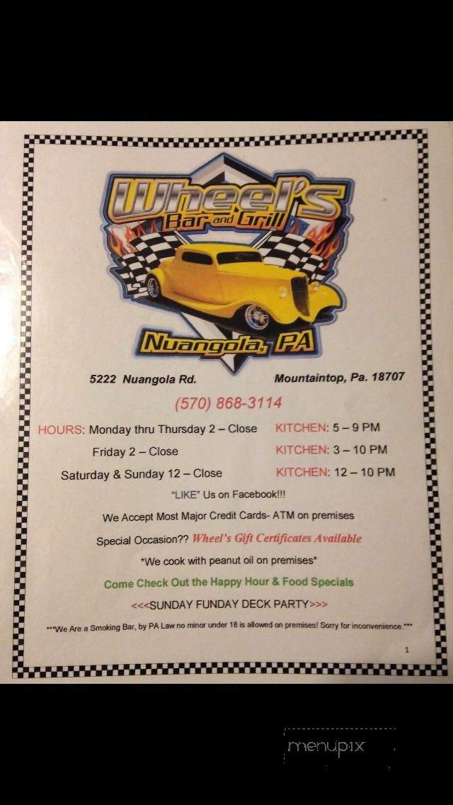 Wheels Bar & Grill - Nuangola, PA menu_pic
