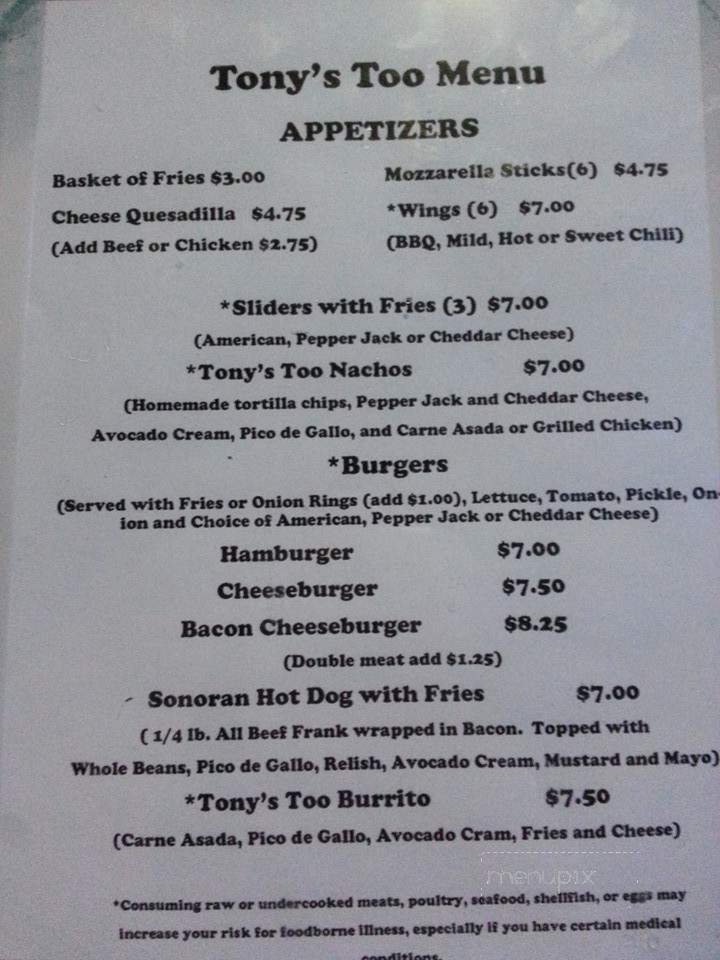 Tony's Place - Prescott Valley, AZ menu_pic