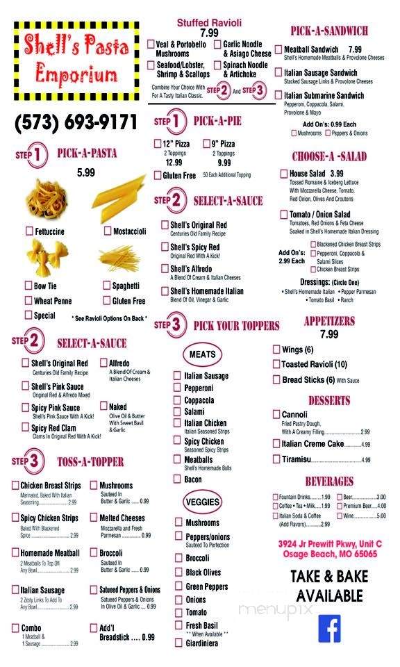 Shell's Pasta Emporium - Lake Ozark, MO menu_pic
