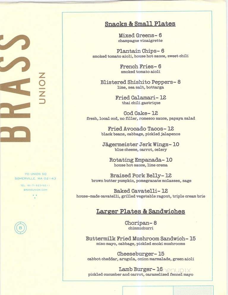 Brass Union - Somerville, MA menu_pic