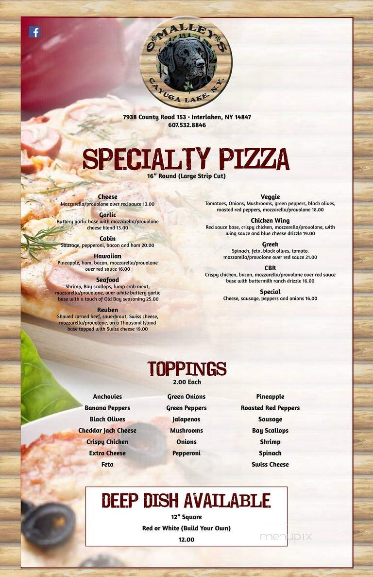O'Malley's Cabin on the Lake - Interlaken, NY menu_pic